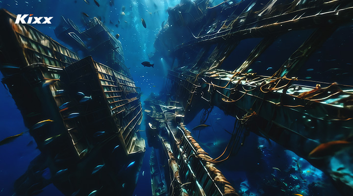 How Efficient is Generative AI? Behind-the-Scenes of Kixx’s AI Campaign: “The World Without Lubricants” 4 Rusting ships sinking in the deep sea.