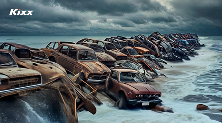 How Efficient is Generative AI? Behind-the-Scenes of Kixx’s AI Campaign: “The World Without Lubricants” 5 Damaged vehicles along the coastline with a dark and stormy sky.