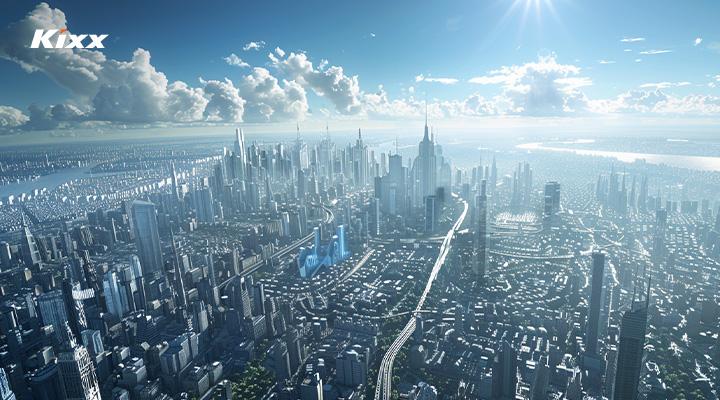 How Efficient is Generative AI? Behind-the-Scenes of Kixx’s AI Campaign: “The World Without Lubricants” 11 An AI-generated image of a futuristic cityscape surrounded by the sun and clouds.