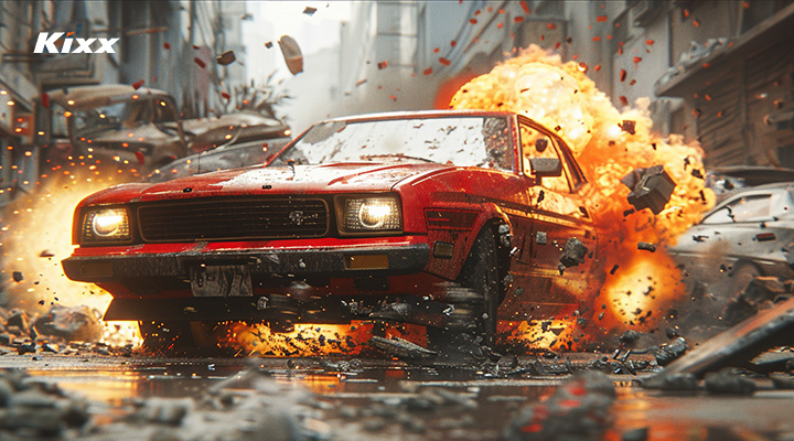 How Efficient is Generative AI? Behind-the-Scenes of Kixx’s AI Campaign: “The World Without Lubricants” 17 A classic car explodes in the city with pavement and car parts flying.