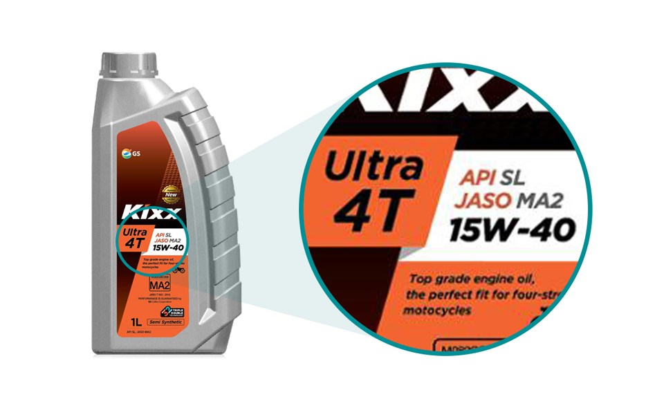 A close-up of Kixx Ultra 4T’s package label indicating it as a JASO/API approved engine oil
