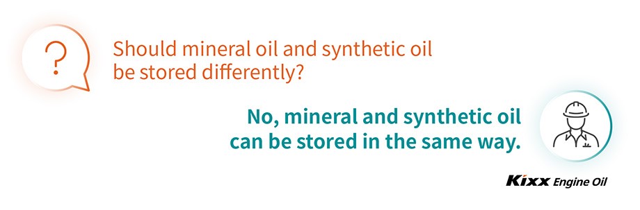 A Q&A explaining that mineral engine oils and synthetic engine oils can be stored in the same way