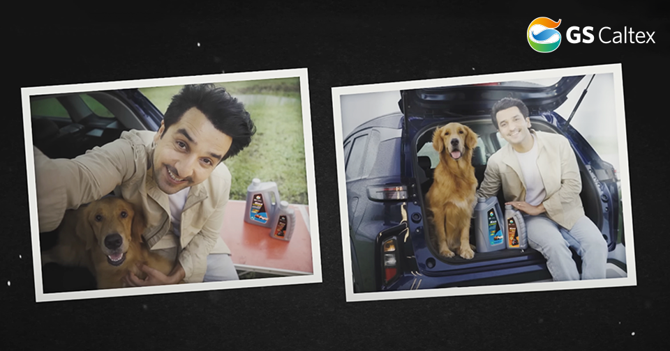 Stills from the campaign video show the actor and dog posing for selfies on a road trip with bottles of Kixx in the background.