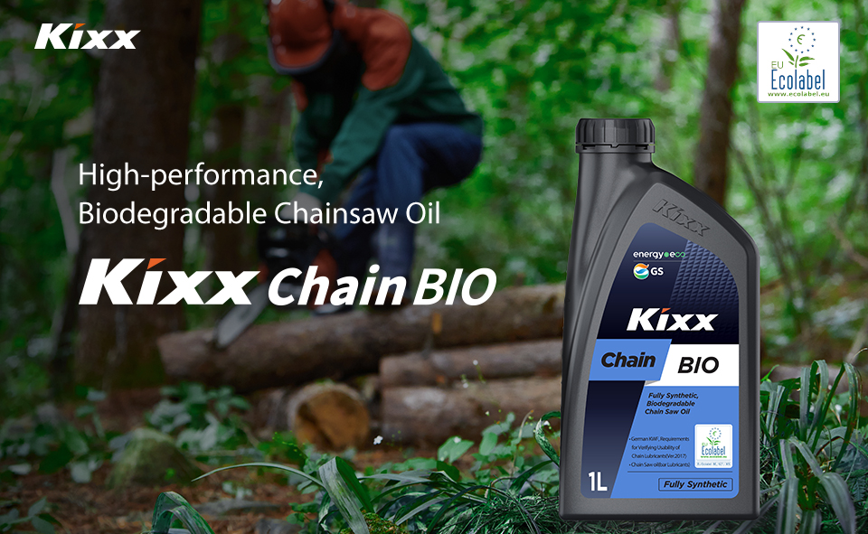 Kixx Chain BIO in a Kixx recycled bottle stands in a forest foreground as a lumberjack cuts timber in the background.