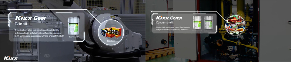 An image of the Kixx Gear (Gear Oil) & Kixx Comp (Compressor Oil) against the backdrop of a manufacturing plant