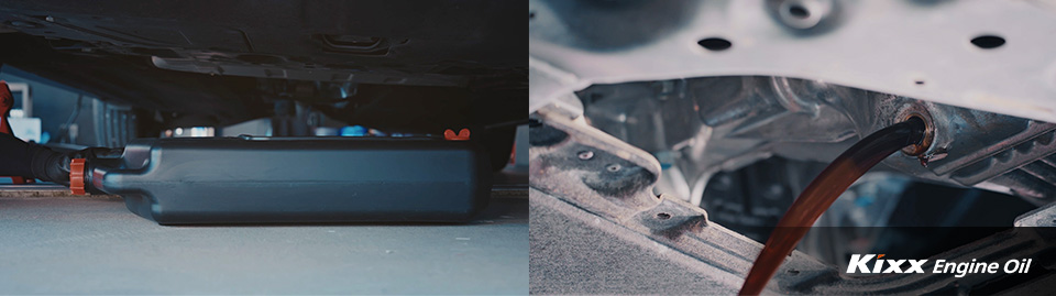 Drain pan under the car (left) and used oil being drained (right)