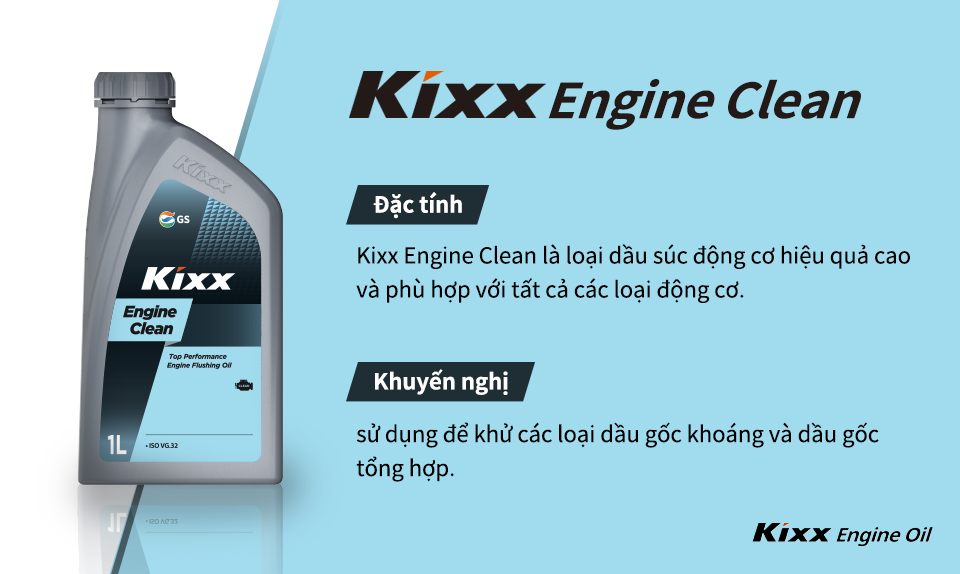 Nội dung giới thiệu về Kixx Engine Clean, loại dầu súc rửa động cơ hiệu quả cao và phù hợp với tất cả các loại động cơ.