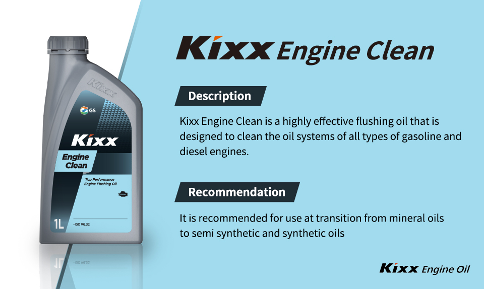 A poster shows Kixx Engine Clean, a highly effective flushing oil that is designed to clean the oil systems of all types of gasoline and diesel engines. 