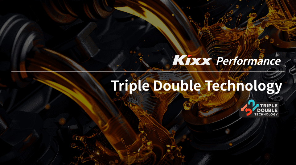 Why Kixx Is Different: Triple Double Technology 1 A banner with keywords listed for the content on the background of the image of engine oil being poured into the engine.