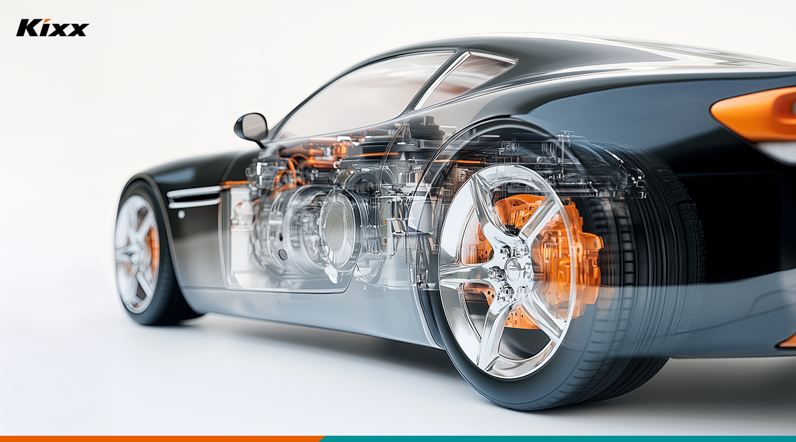 Rendered image of a high-performance car with a visible transmission system. 