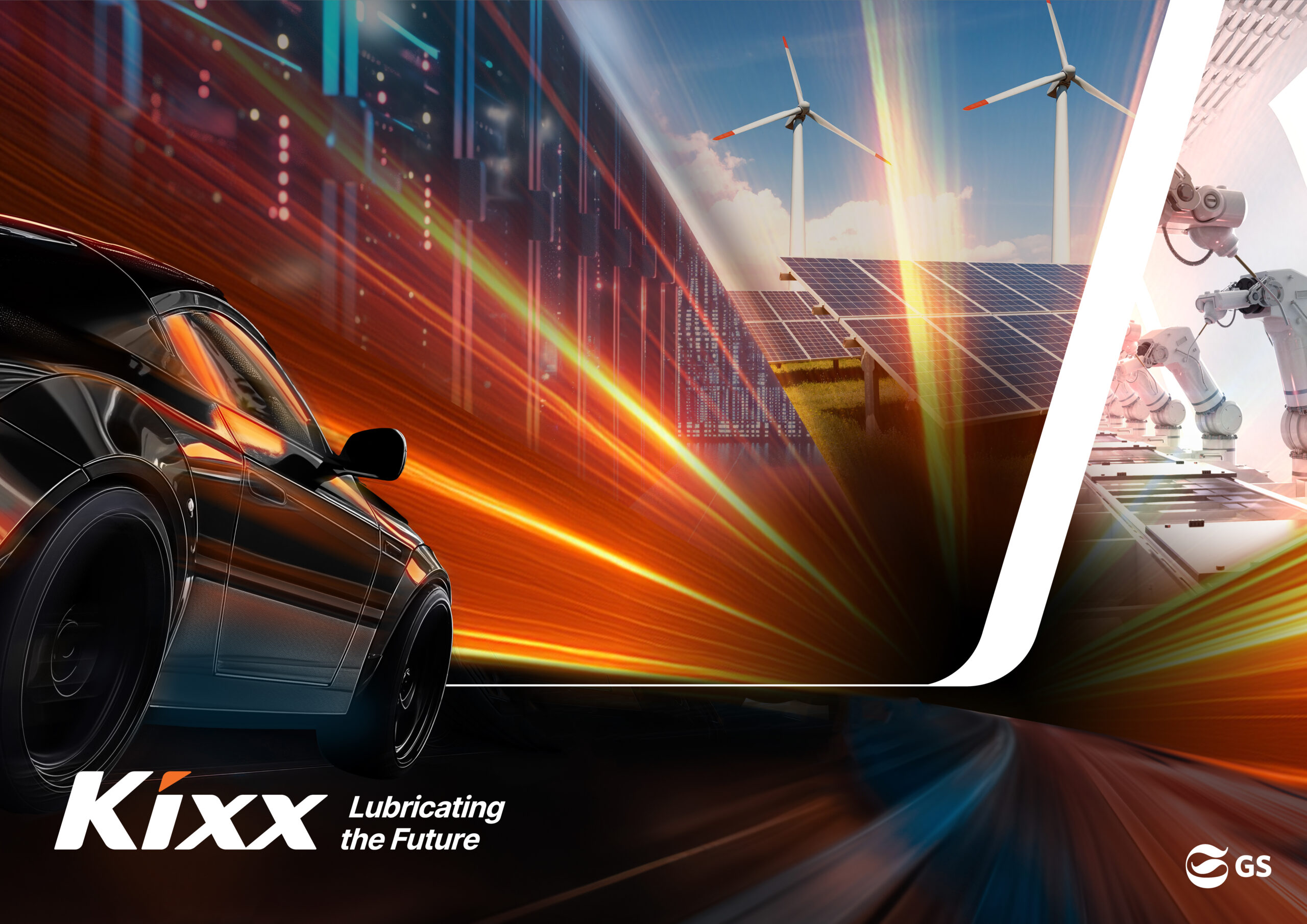 A Kixx poster of a car speeding down a road with orange speed lines, and windmills and solar panels in the background. 