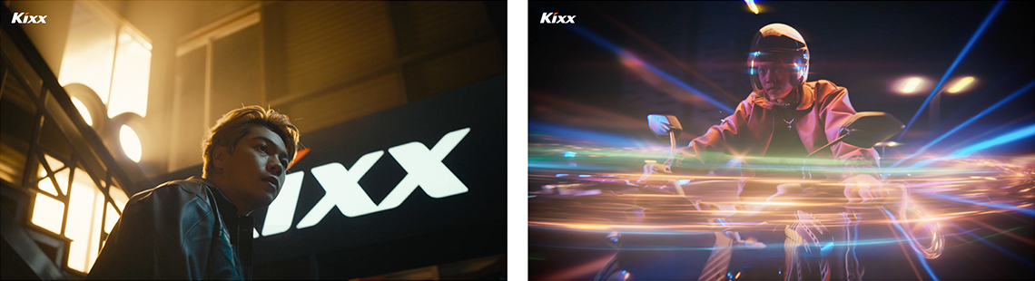 Rapper Gill walking in front of a glowing Kixx logo at night and Rapper Gill riding a motorbike at night with color light trails.