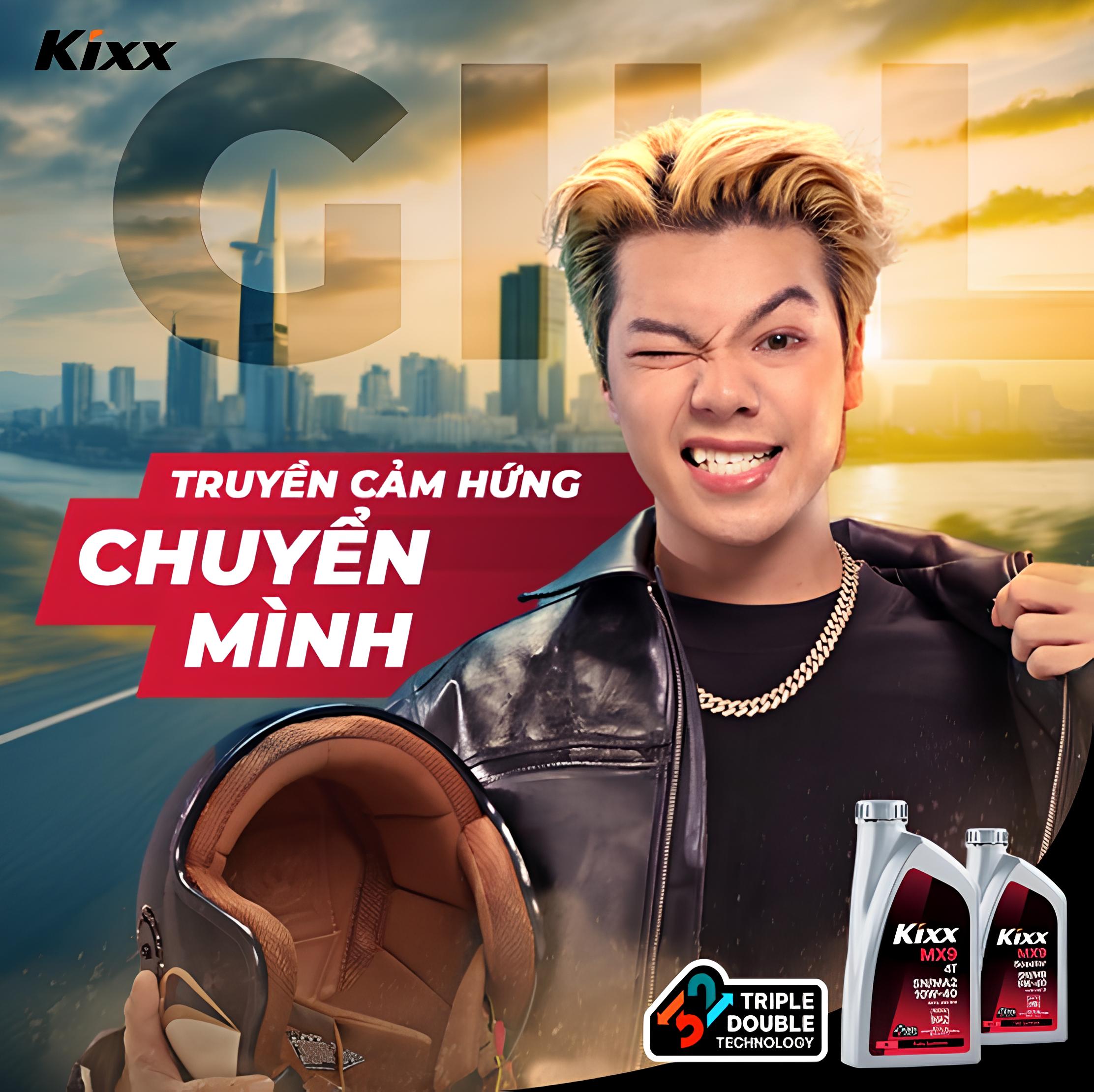 Promotional poster of rapper Gill, with Vietnamese writing, Kixx branding and lubricants displayed.
