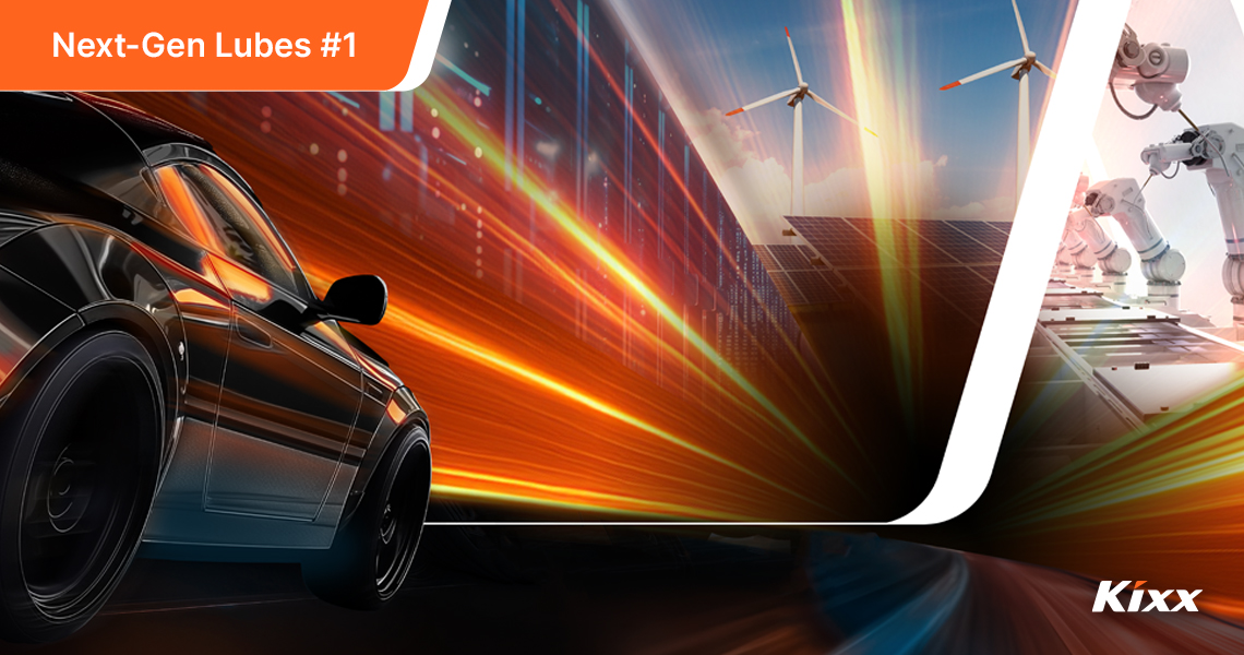 A Kixx poster of a car speeding down a road with orange speed lines, and windmills and solar panels in the background. 