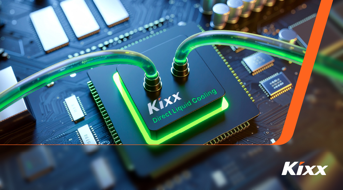 Close-up of a computer chip labeled 'Kixx Direct Liquid Cooling,' featuring two green liquid cooling tubes connected to the chip and glowing green