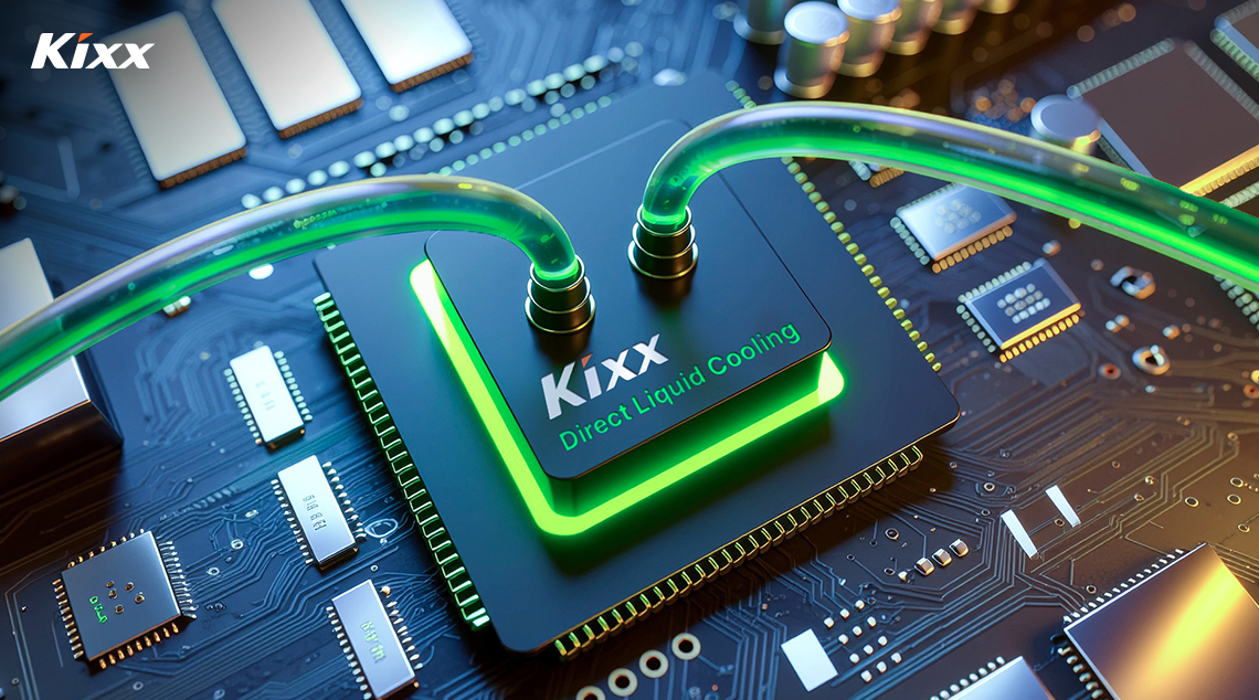 Kixx’s direct liquid cooling fluid running through pipes to cool a computer chip via a mounted plate. 