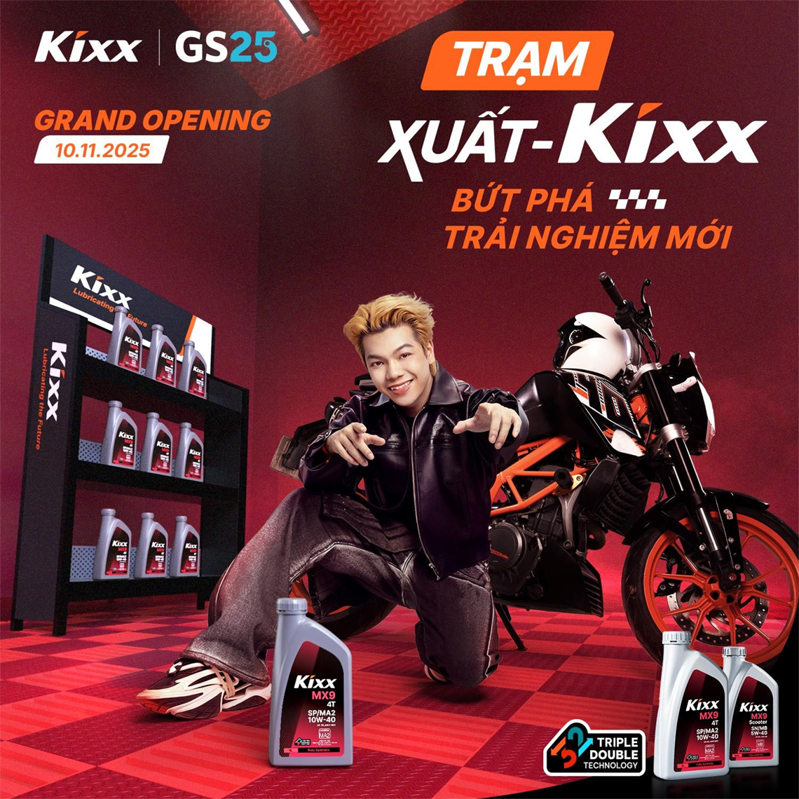 A campaign poster for Kixx Station featuring rapper Gill posing with a motorcycle and Kixx products. 