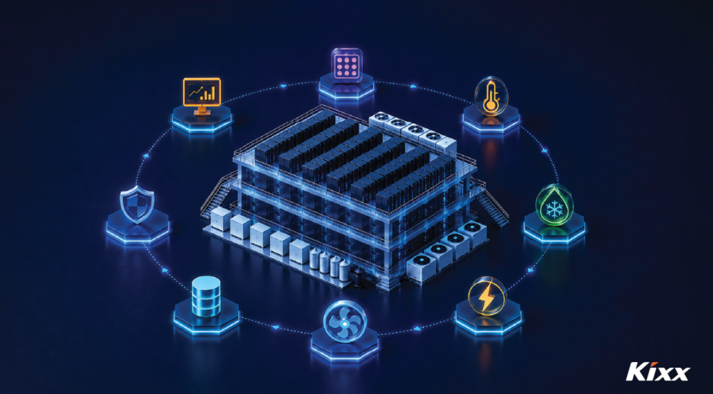An electric blue graphic of a data center illustration with icons circling it